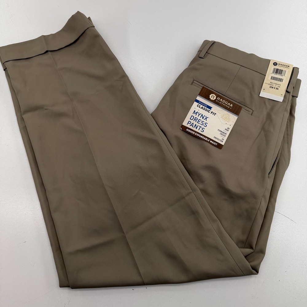 Haggar Mynx Dress Pants Mens 32x30 Tan Pleated Classic Fit Gabardine Cuffed NEW